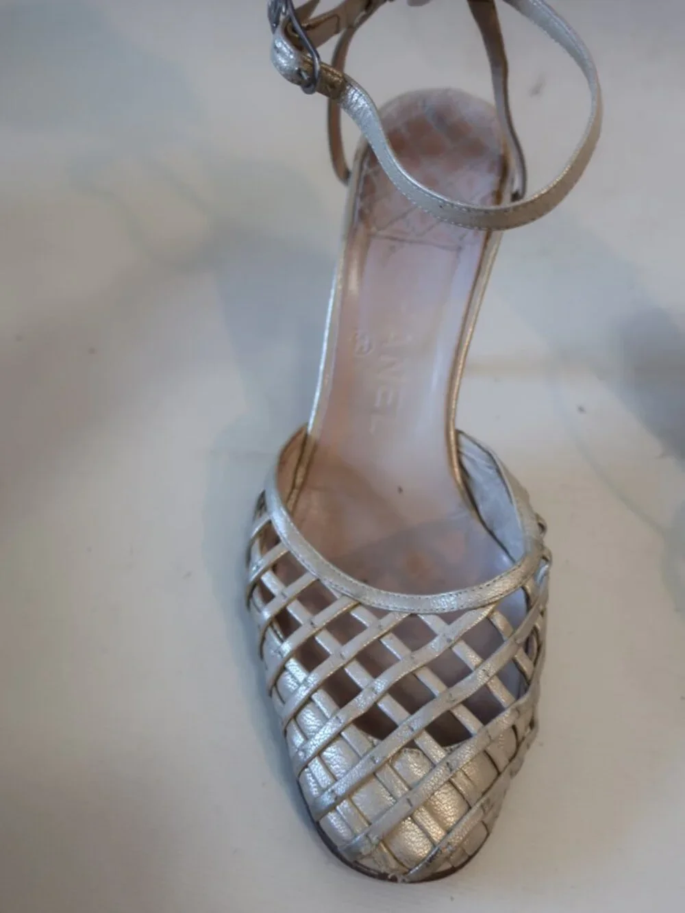 Women Chanel Metallic Champagne Fishnet Leather Ankle Strap Heels 38 EUR/US 8 - Picture 6 of 13